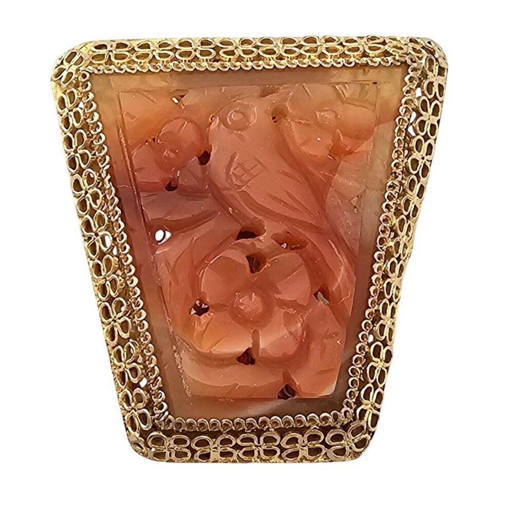 Silver China Import Fur Clip Red Stone Carved Bird Filigree Edge J318